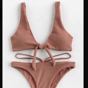 Deep plunge rose robbed bikini set